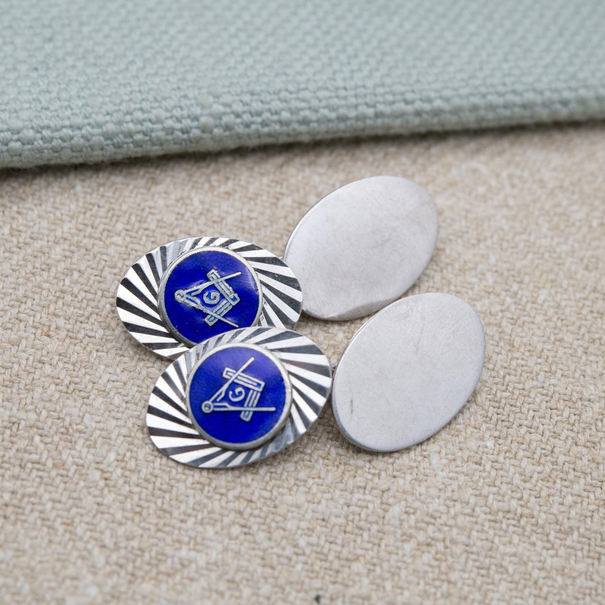Vintage Sterling Silver Masonic Chain Link Cufflinks - Blue Enamel Square and Compasses Textured Geometric Pattern Design | Gift for Him