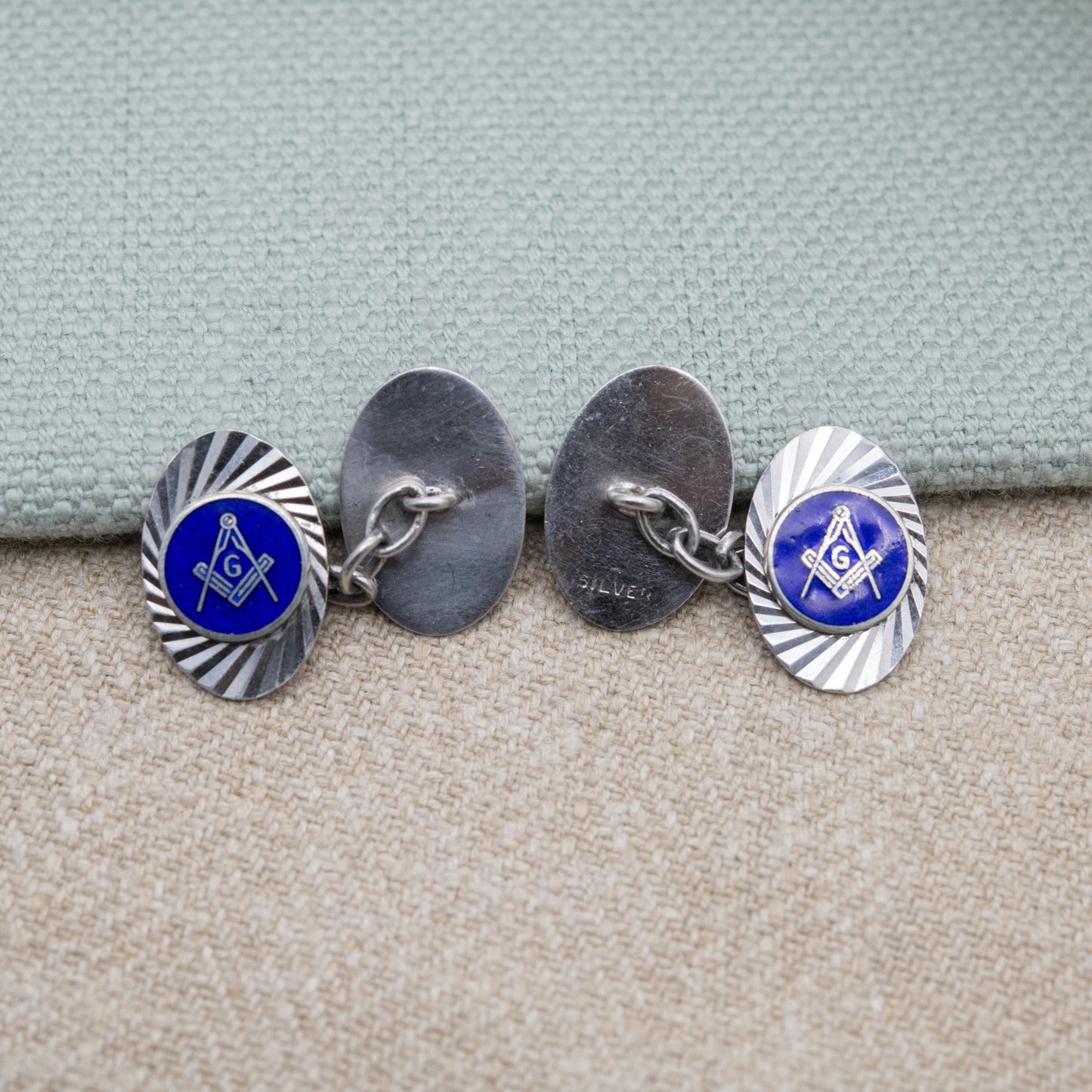 Vintage Sterling Silver Masonic Chain Link Cufflinks - Blue Enamel Square and Compasses Textured Geometric Pattern Design | Gift for Him
