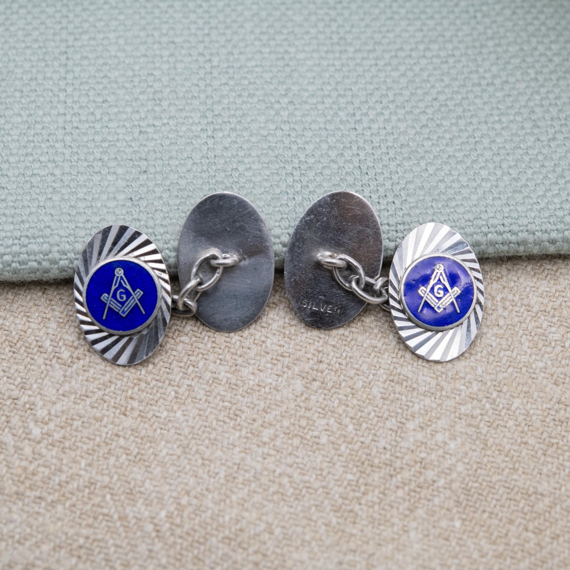 Vintage Sterling Silver Masonic Chain Link Cufflinks - Blue Enamel Square and Compasses Textured Geometric Pattern Design | Gift for Him