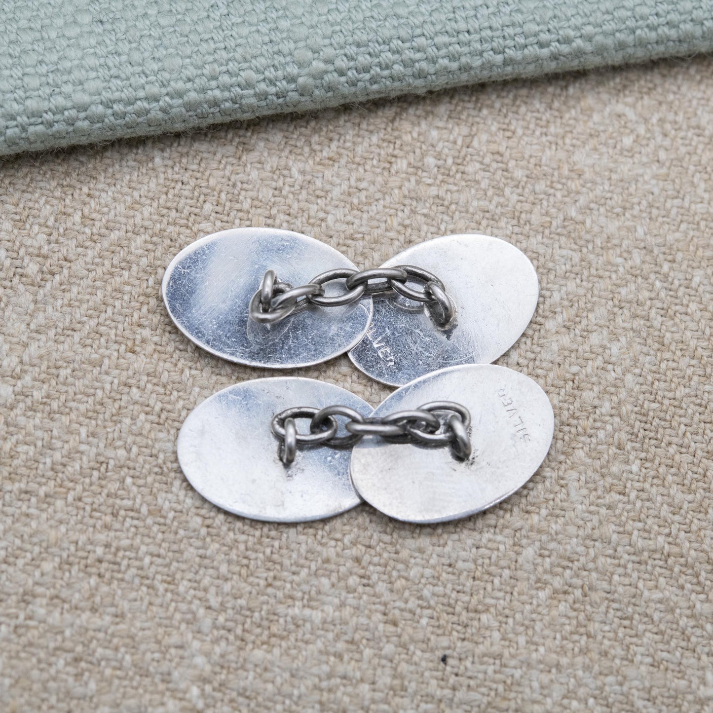 Vintage Sterling Silver Masonic Chain Link Cufflinks - Blue Enamel Square and Compasses Textured Geometric Pattern Design | Gift for Him