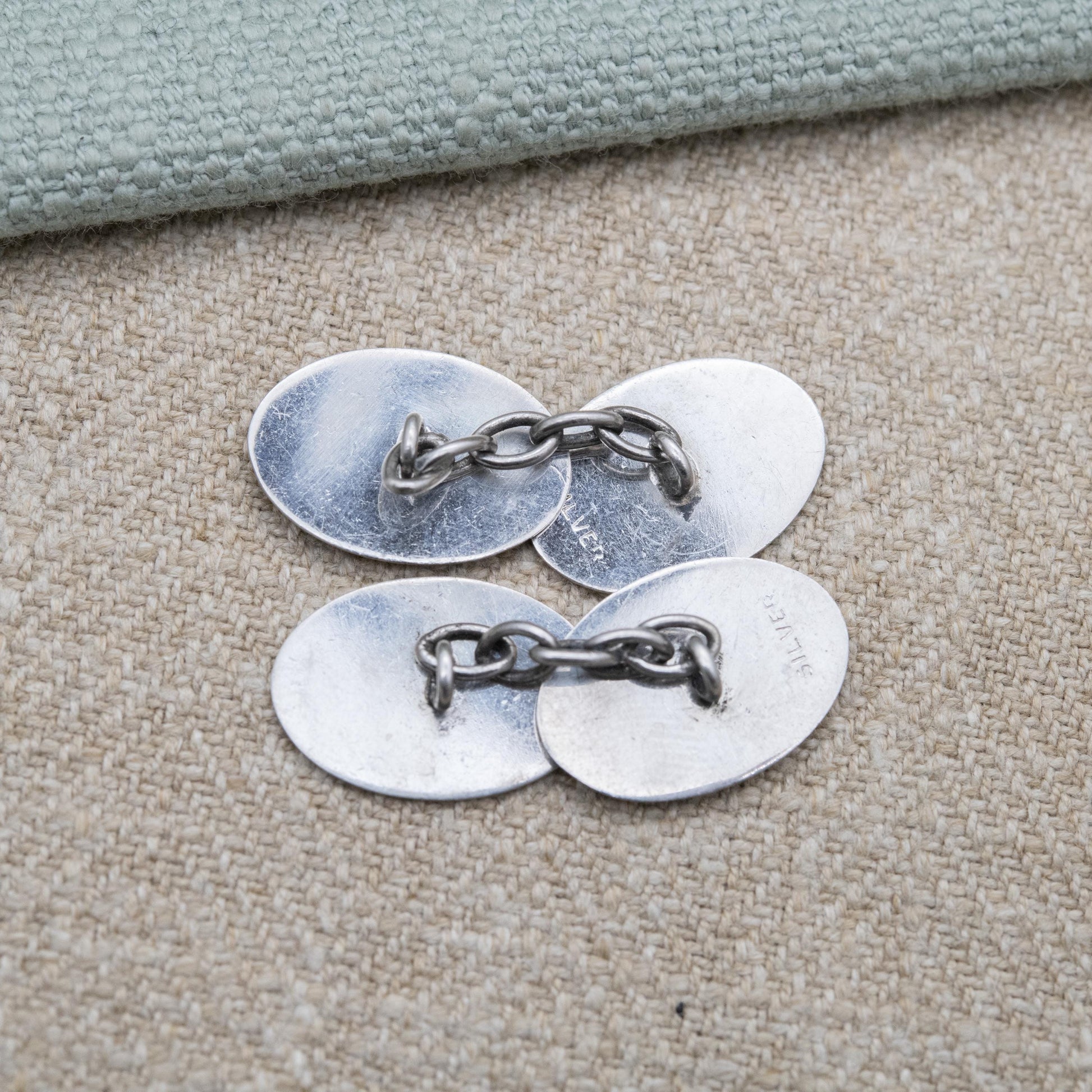Vintage Sterling Silver Masonic Chain Link Cufflinks - Blue Enamel Square and Compasses Textured Geometric Pattern Design | Gift for Him