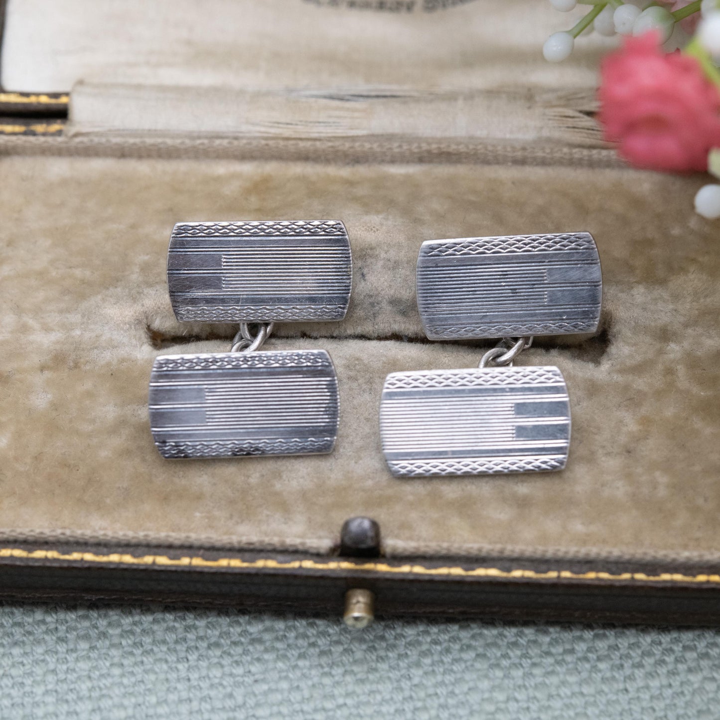 Vintage Sterling Silver Engine Turned Chain Link Cufflinks