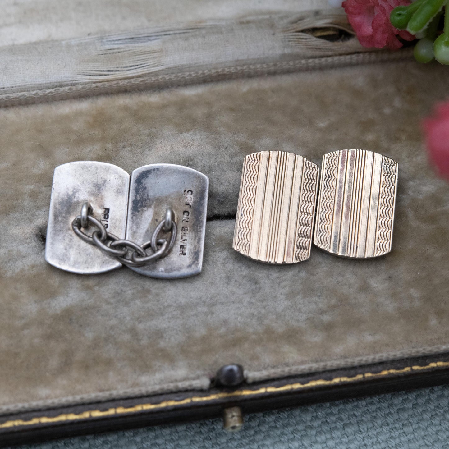 Vintage Payton Pepper & Sons 9ct Gold on Silver Chain Link Cufflinks - Engine Turned