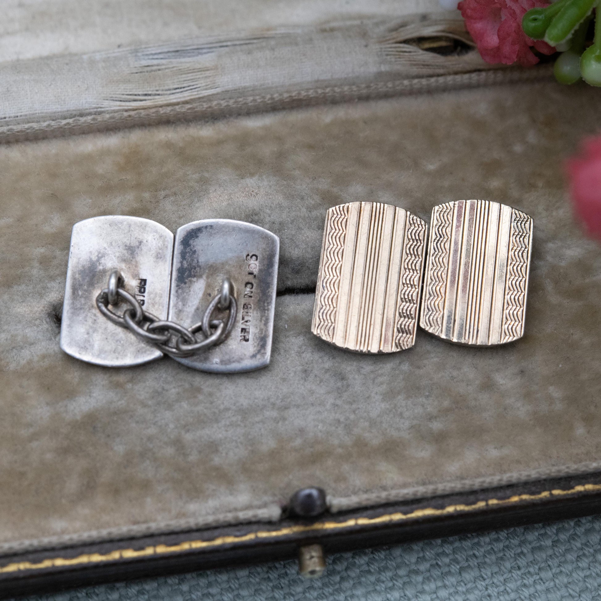 Vintage Payton Pepper & Sons 9ct Gold on Silver Chain Link Cufflinks - Engine Turned