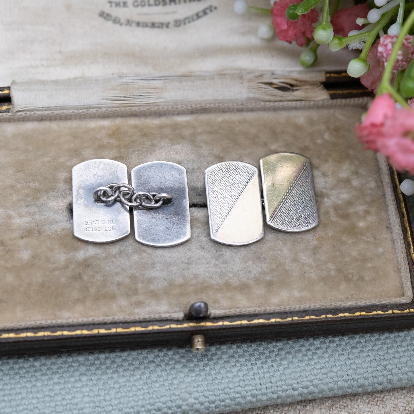 Vintage 9ct Gold on Silver Chain Link Cufflinks - Engine Turned