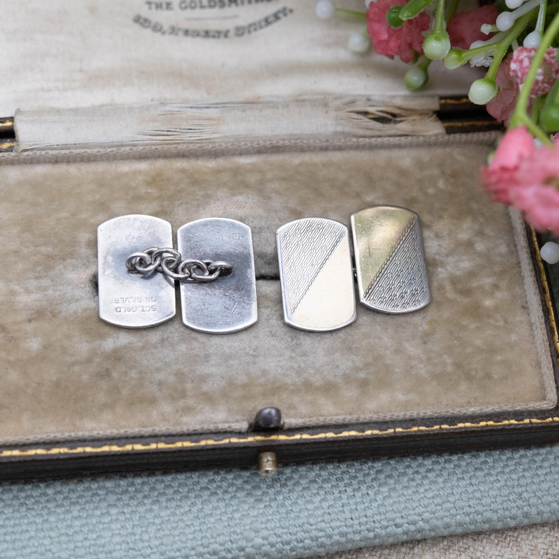 Vintage 9ct Gold on Silver Chain Link Cufflinks - Engine Turned