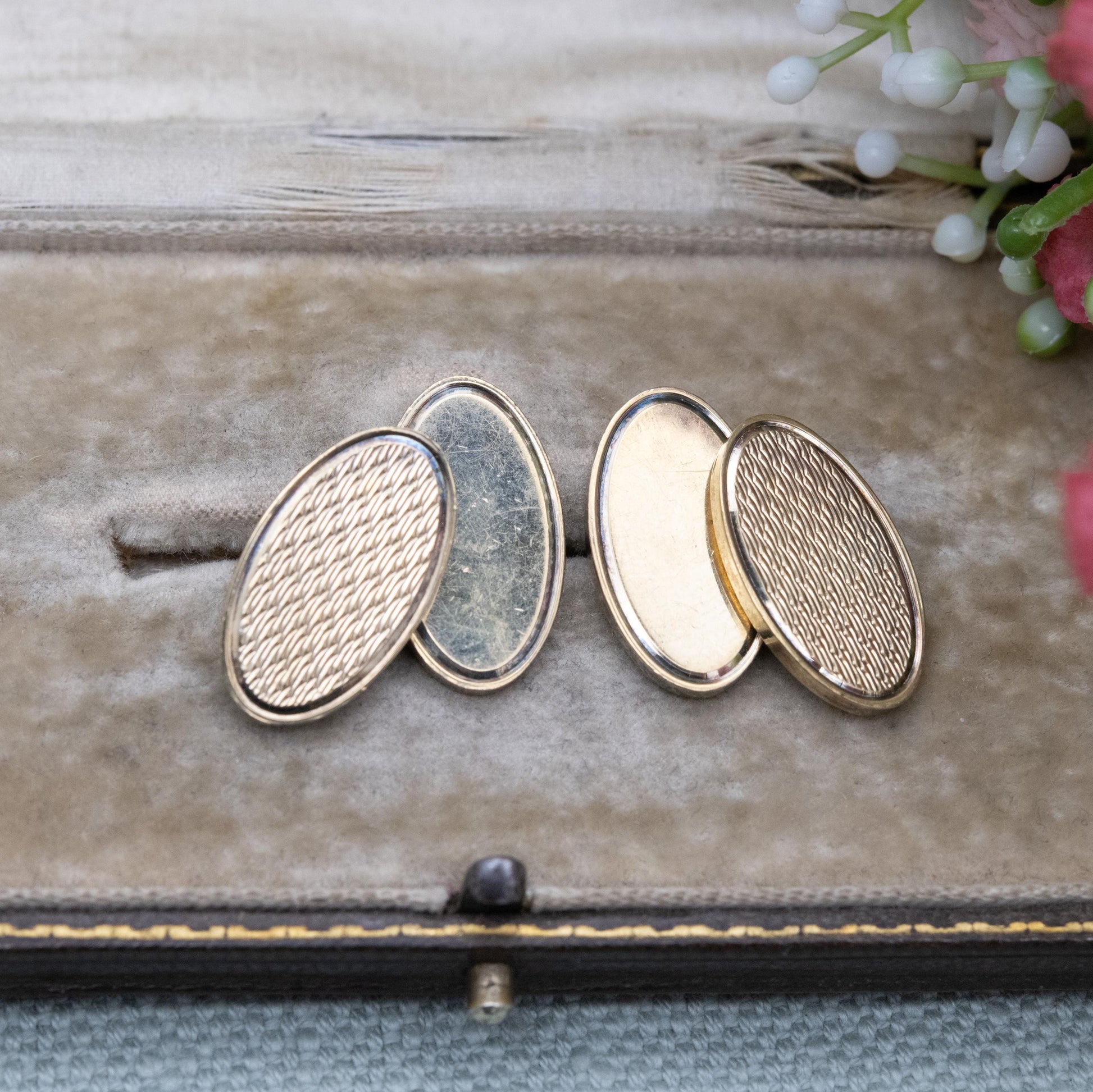 Vintage 9ct Gold Plated Sterling Silver Chain Link Cufflinks 1987 - Engine Turned