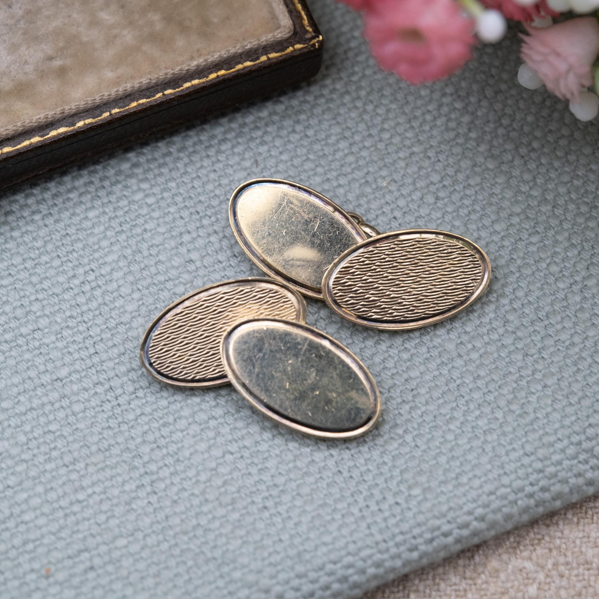 Vintage 9ct Gold Plated Sterling Silver Chain Link Cufflinks 1987 - Engine Turned
