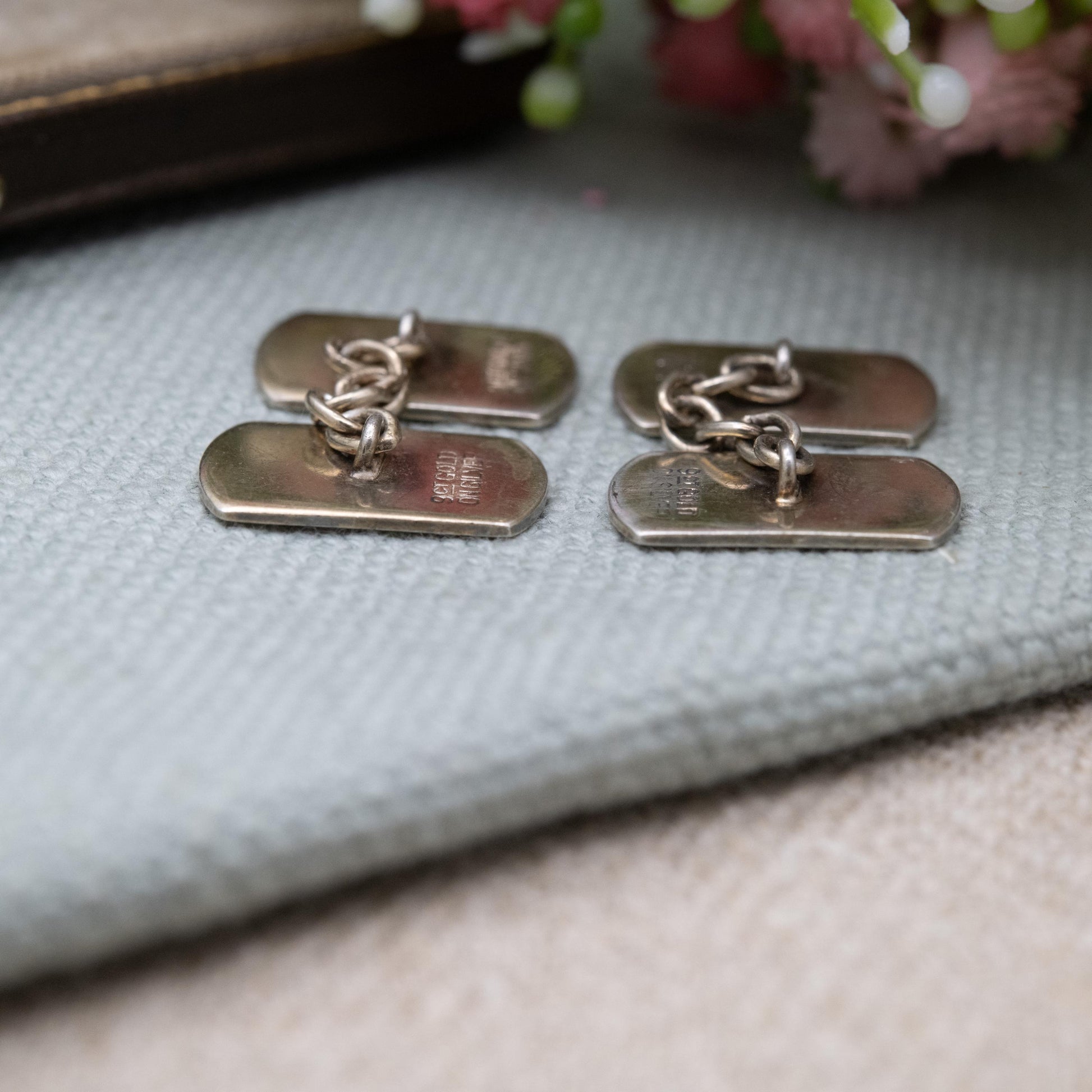 Vintage 9ct Gold on Silver Chain Link Cufflinks - Engine Turned