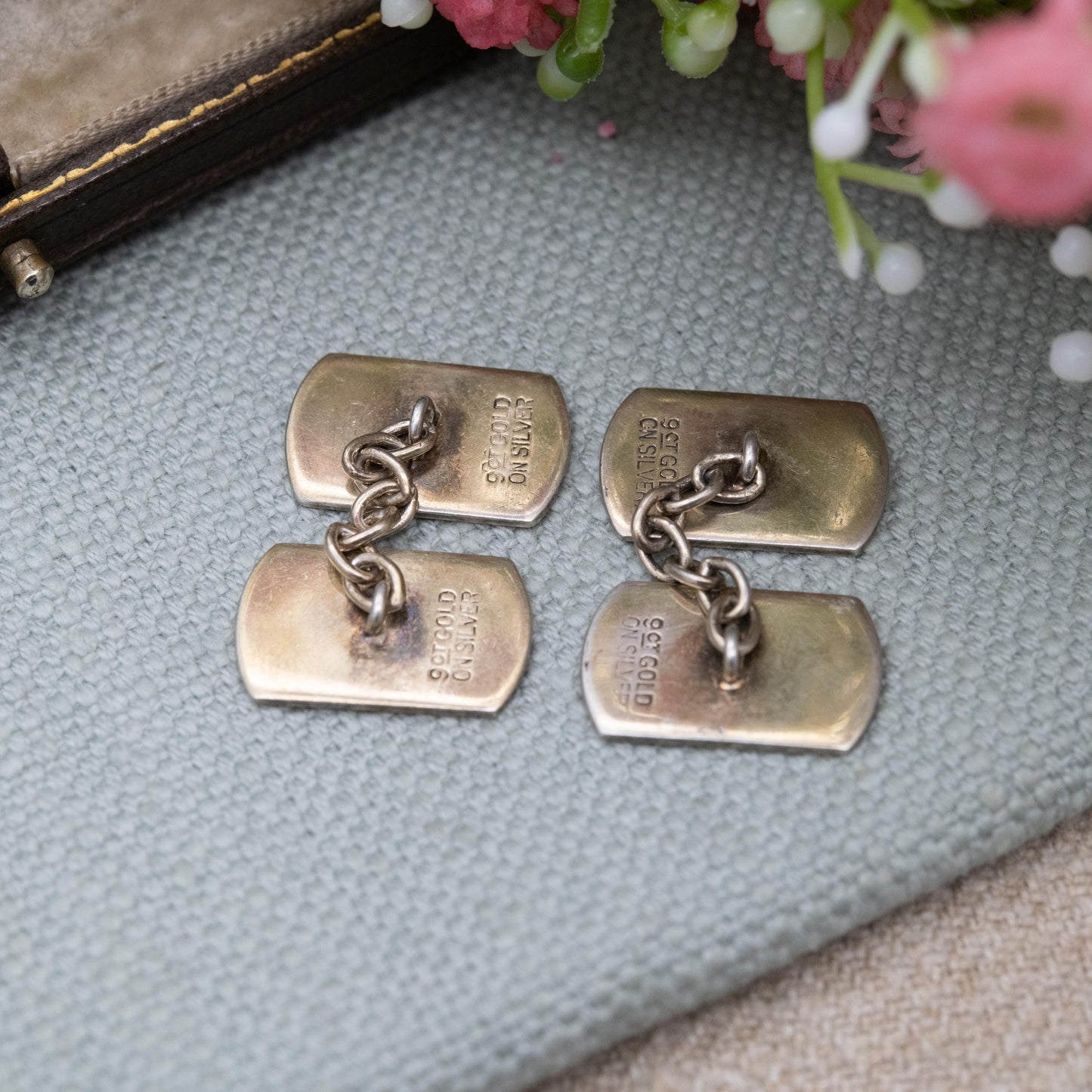 Vintage 9ct Gold on Silver Chain Link Cufflinks - Engine Turned