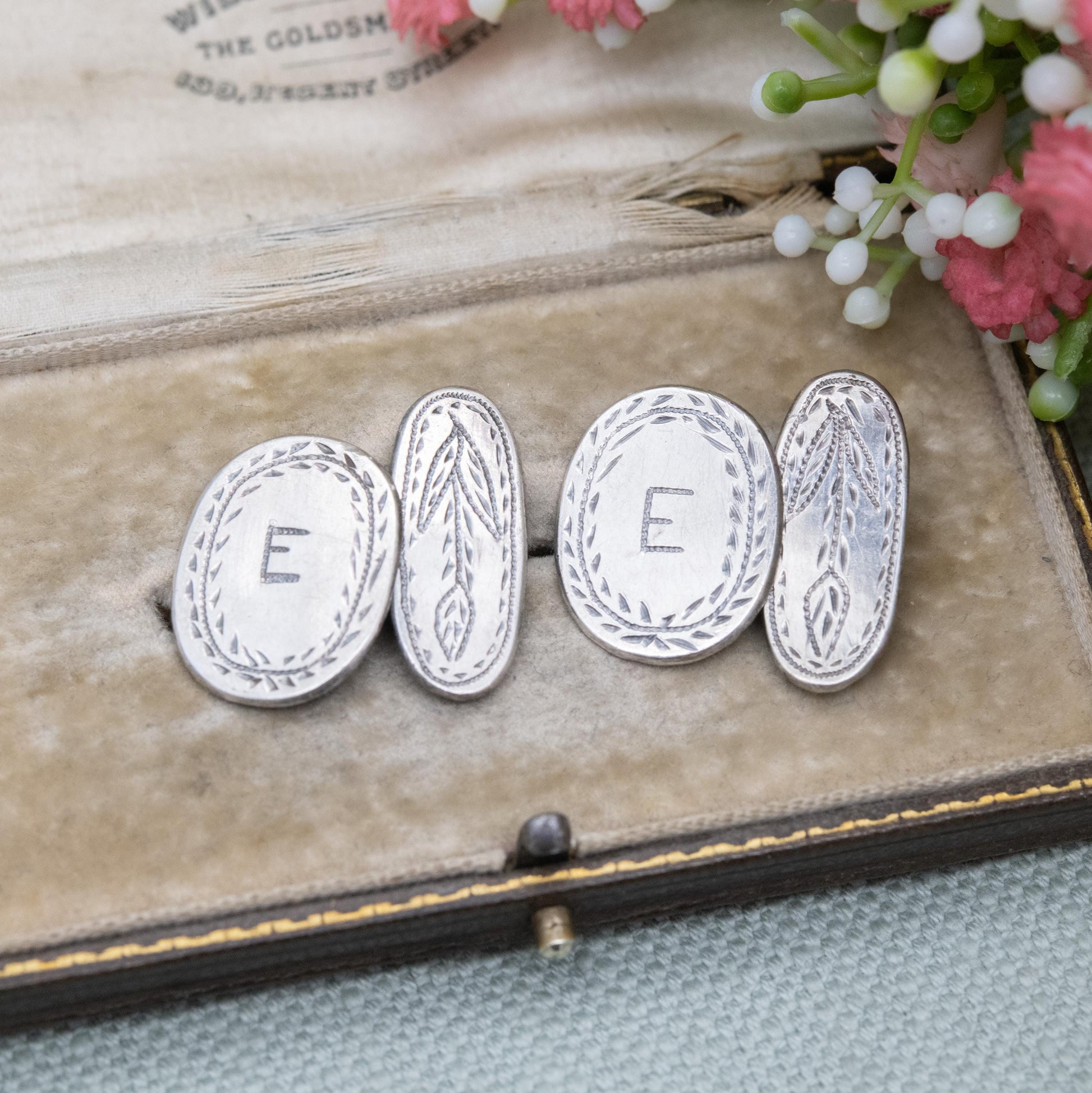 Antique Silver Hand Engraved Letter E Cufflinks c. 1900 - Hand Engraved Initial and Floral Pattern Design | Chain Link