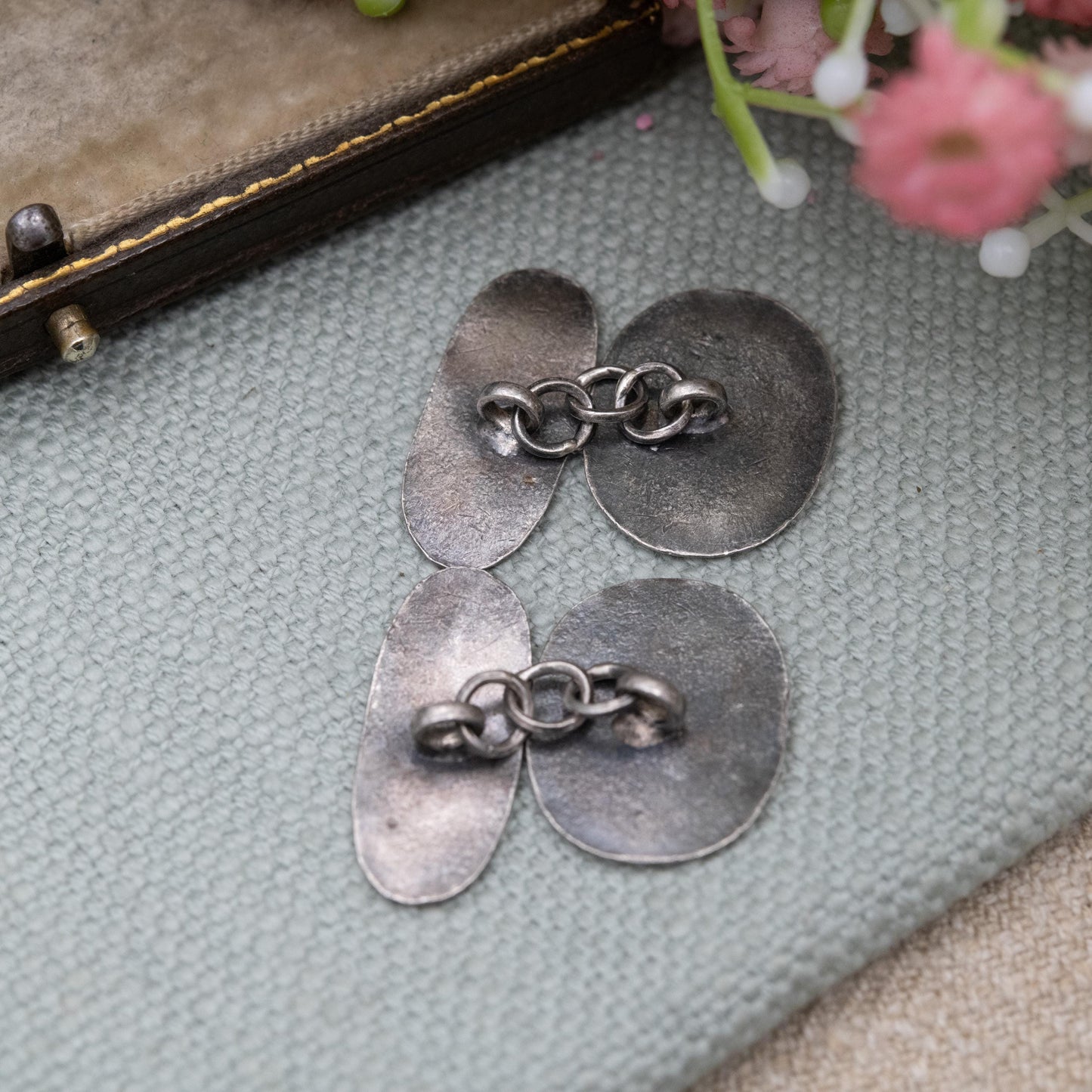 Antique Silver Hand Engraved Letter E Cufflinks c. 1900 - Hand Engraved Initial and Floral Pattern Design | Chain Link
