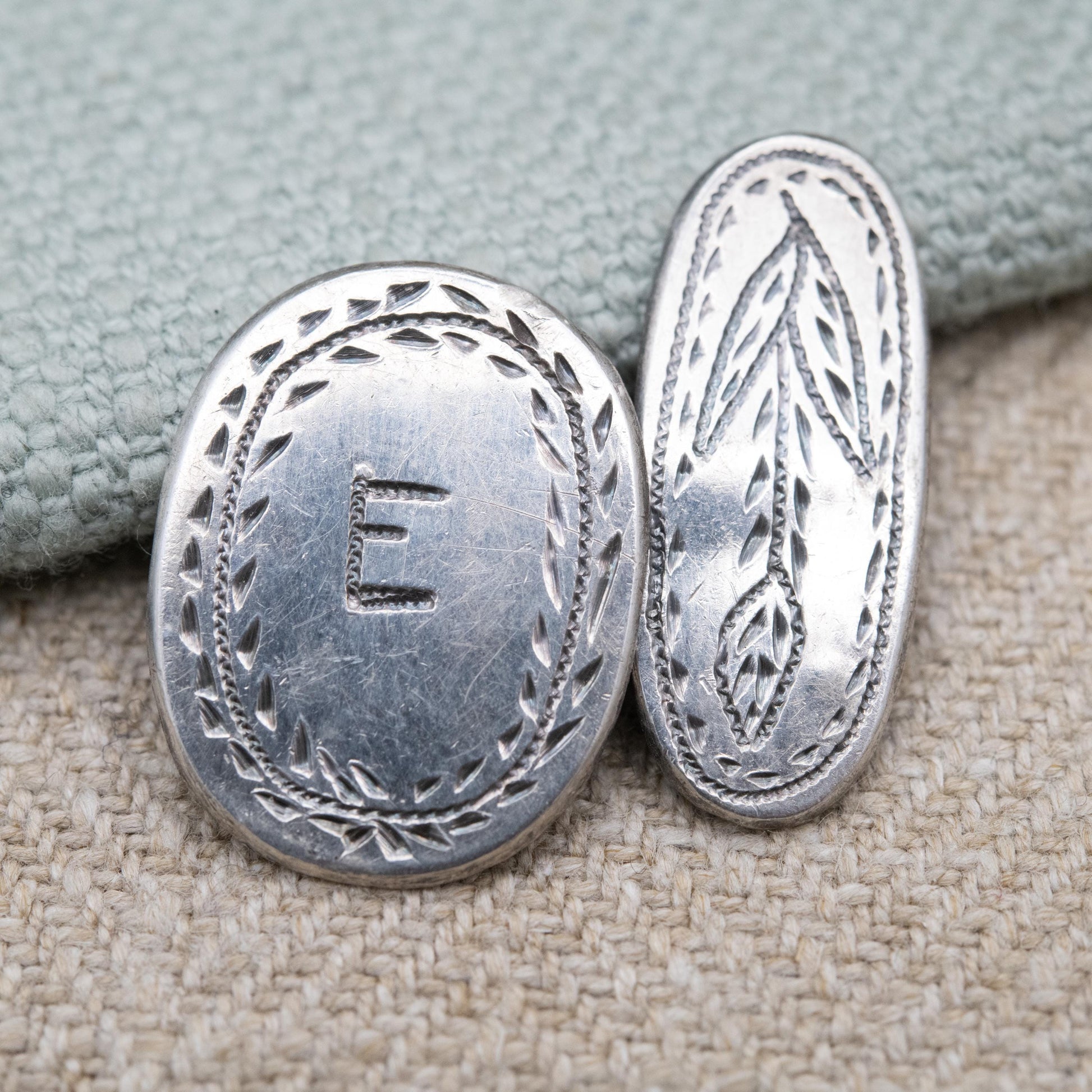 Antique Silver Hand Engraved Letter E Cufflinks c. 1900 - Hand Engraved Initial and Floral Pattern Design | Chain Link