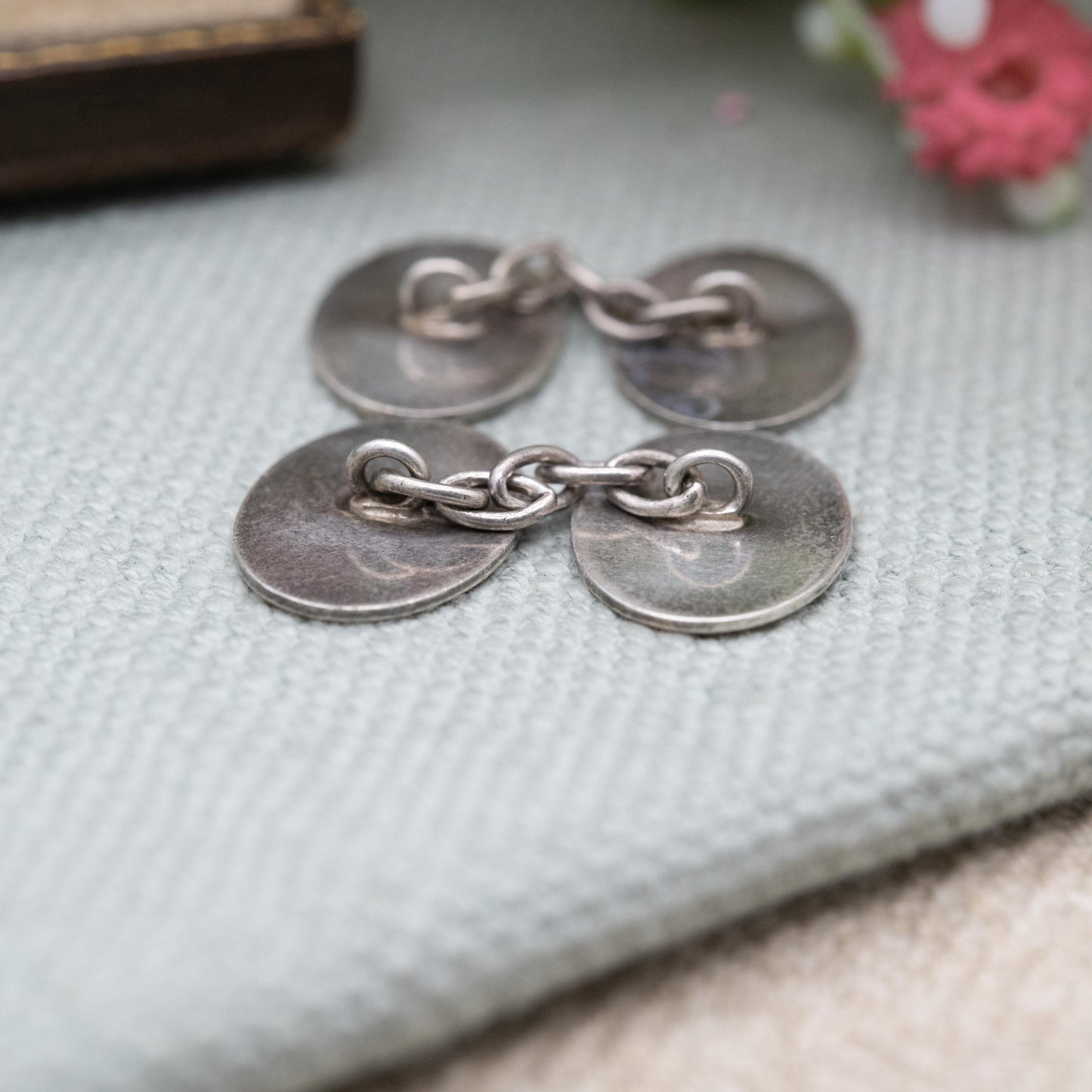 Vintage 9ct Gold on Silver Chain Link Cufflinks - Engine Turned