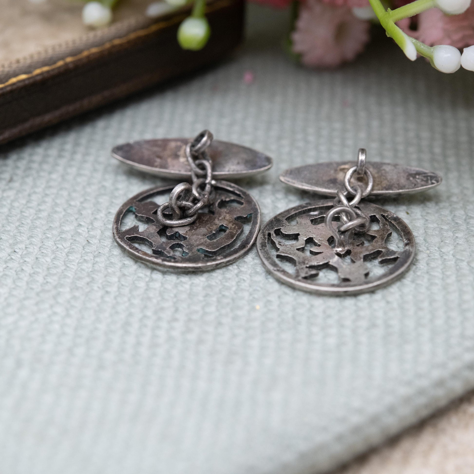Vintage Silver Heraldic Crest Cufflinks - Openwork Coat of Arms Design | Chain Style | Gift for Him