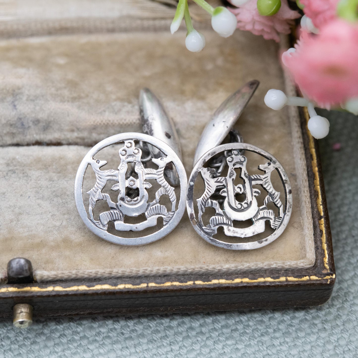Vintage Silver Heraldic Crest Cufflinks - Openwork Coat of Arms Design | Chain Style | Gift for Him