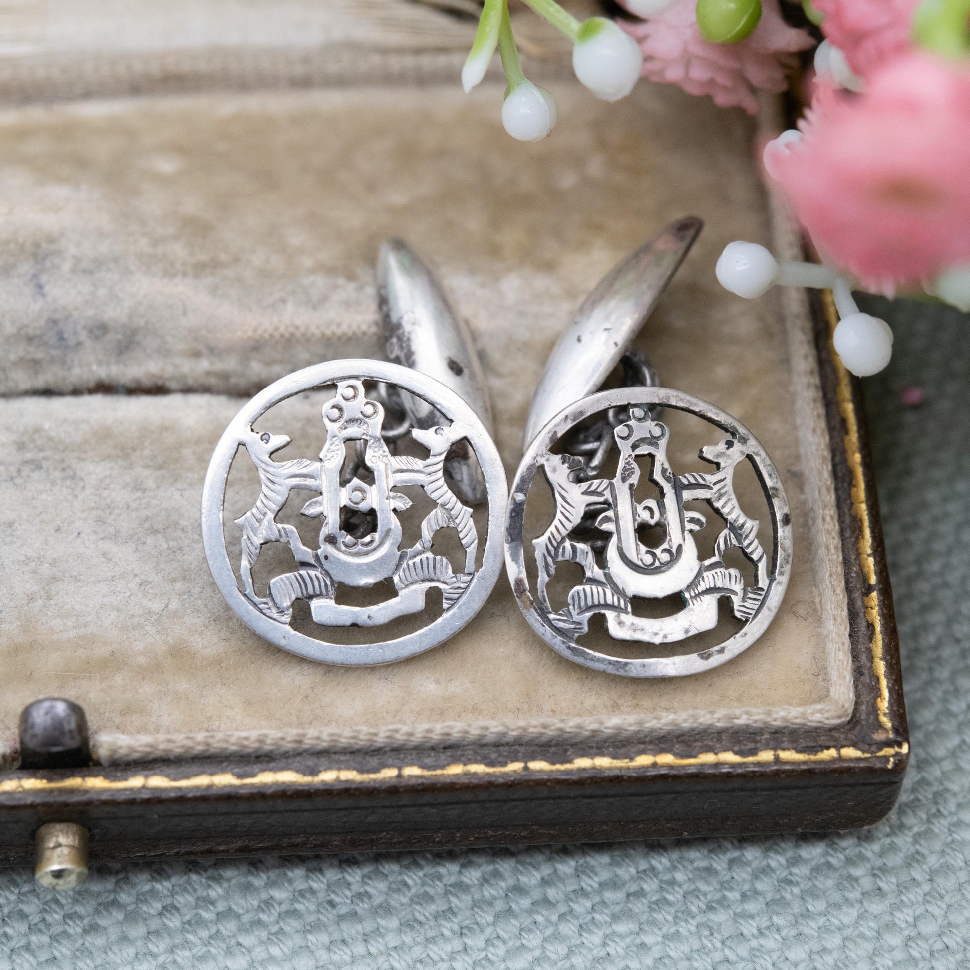 Vintage Silver Heraldic Crest Cufflinks - Openwork Coat of Arms Design | Chain Style | Gift for Him