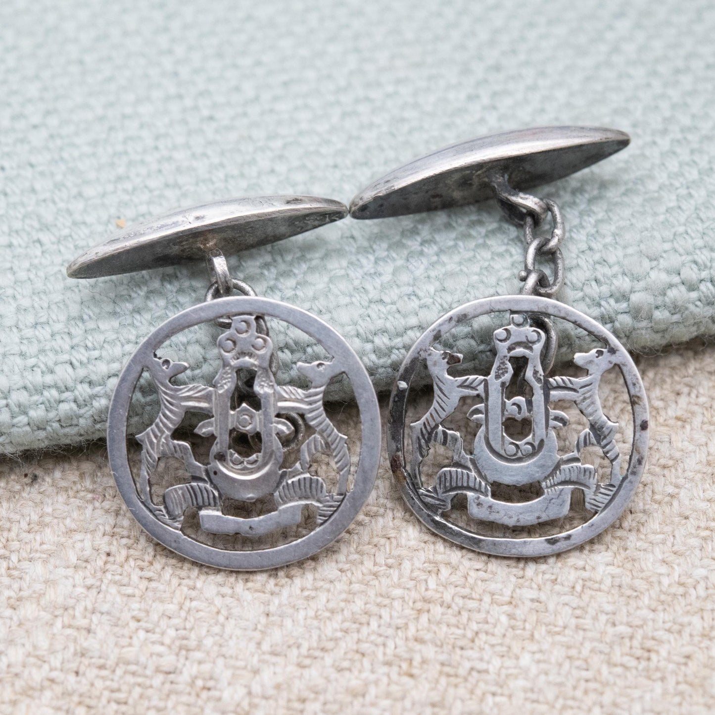 Vintage Silver Heraldic Crest Cufflinks - Openwork Coat of Arms Design | Chain Style | Gift for Him