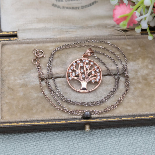 Sterling Silver Rose Gold Plated CZ Tree of Life Pendant Necklace - Cable Link Chain | Gift for Her