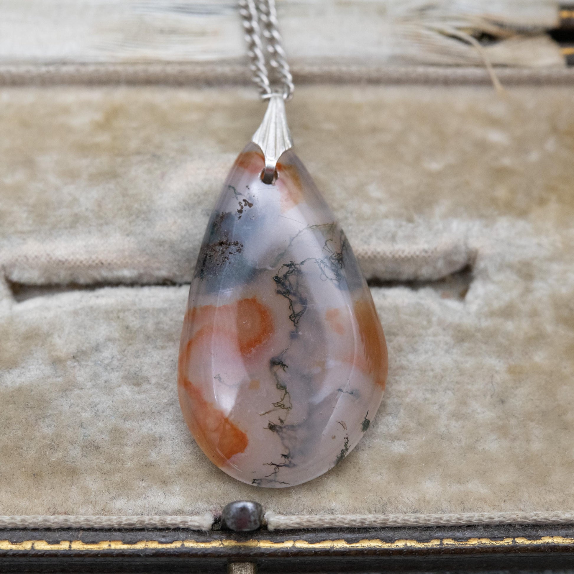 Antique Sterling Silver Moss Agate Pendant Necklace - Curb Link Chain | Gift for Her