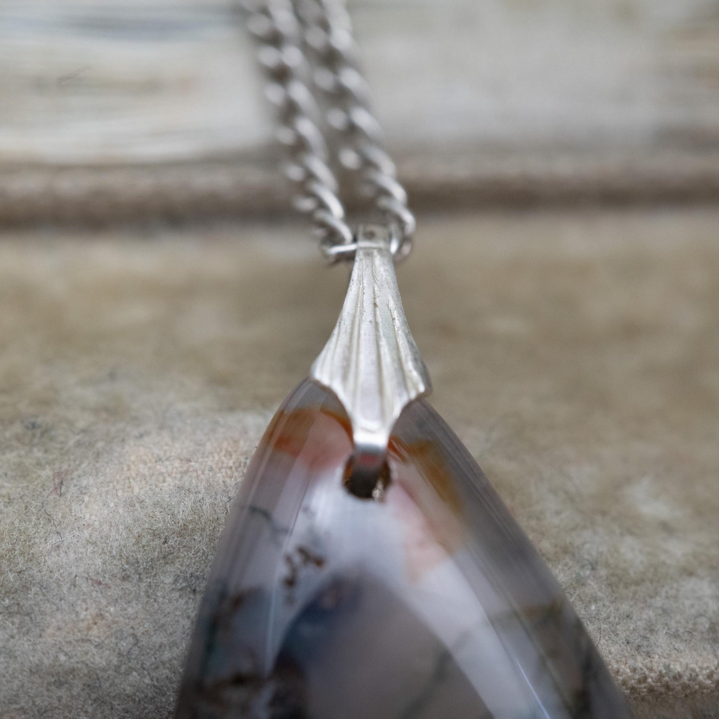 Antique Sterling Silver Moss Agate Pendant Necklace - Curb Link Chain | Gift for Her