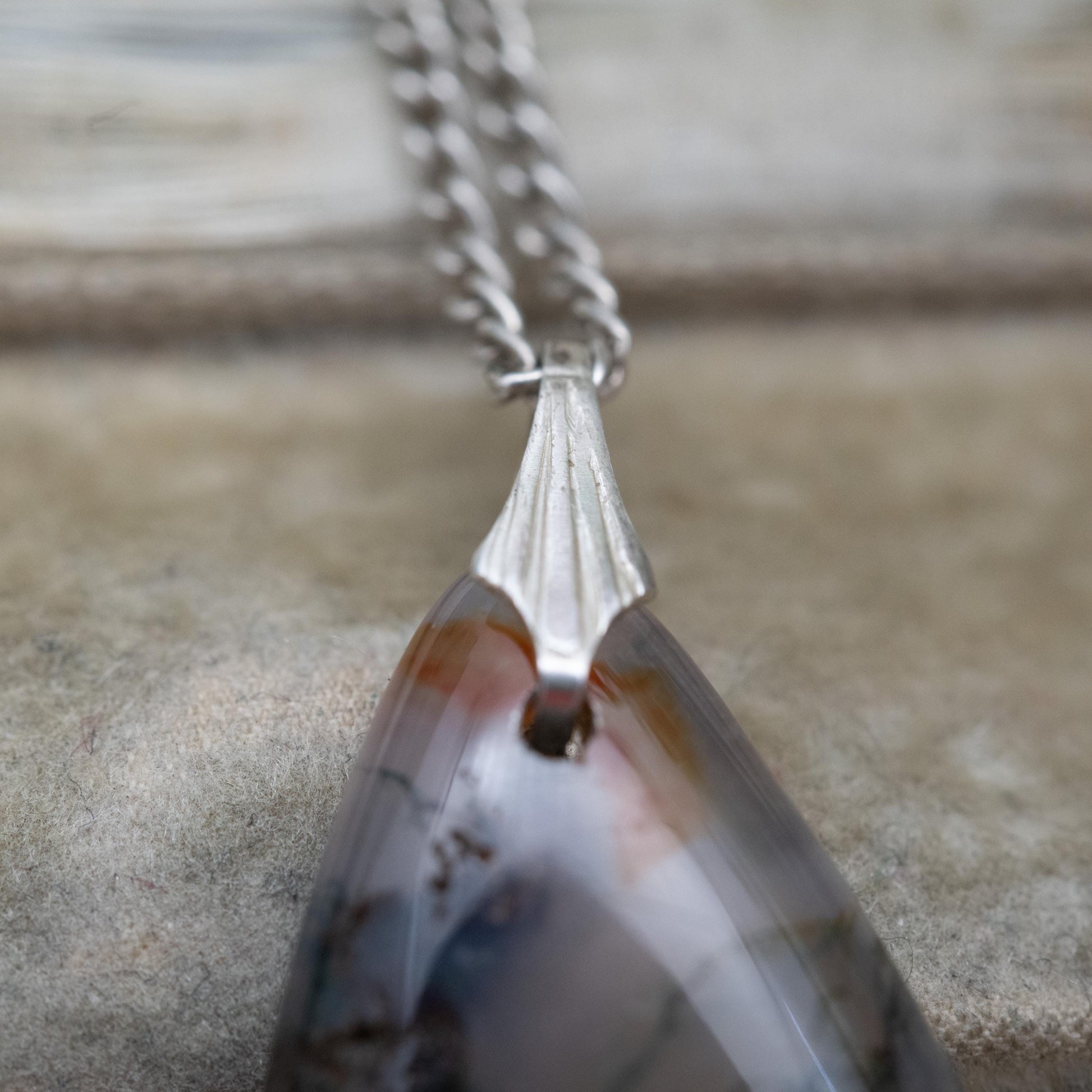 Antique Sterling Silver Moss Agate Pendant Necklace - Curb Link Chain | Gift for Her