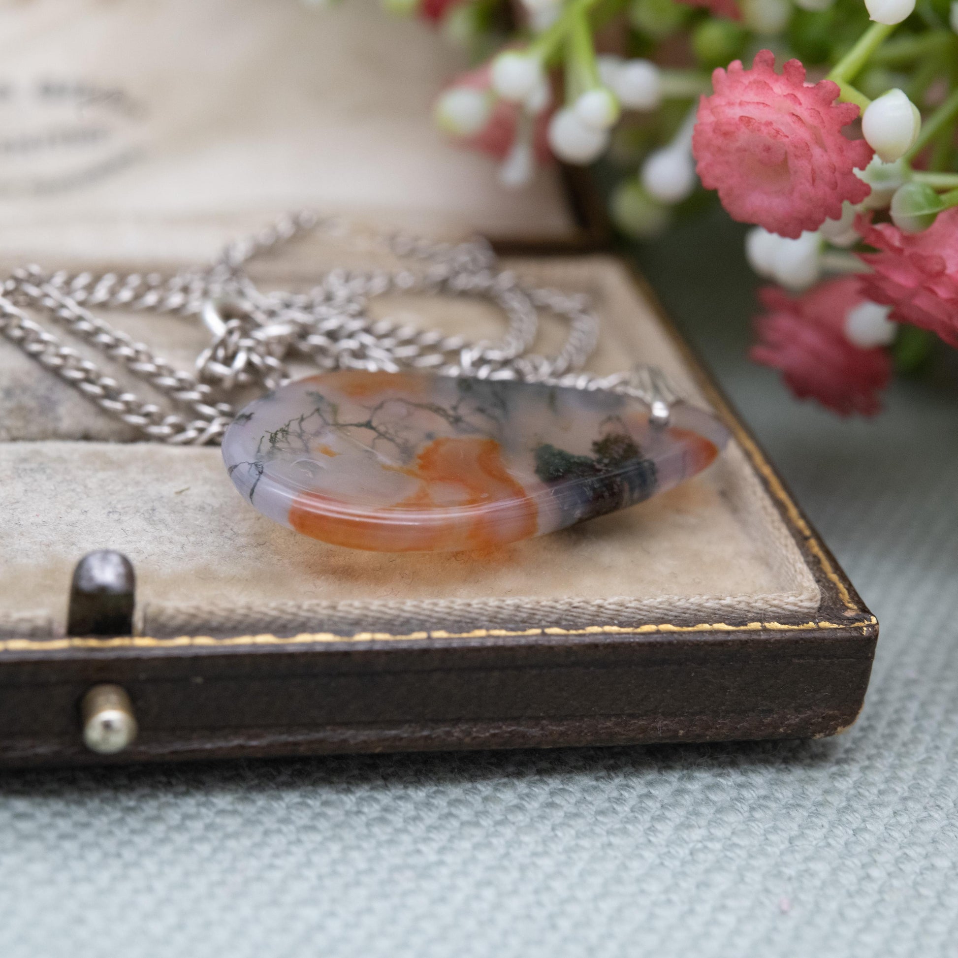 Antique Sterling Silver Moss Agate Pendant Necklace - Curb Link Chain | Gift for Her