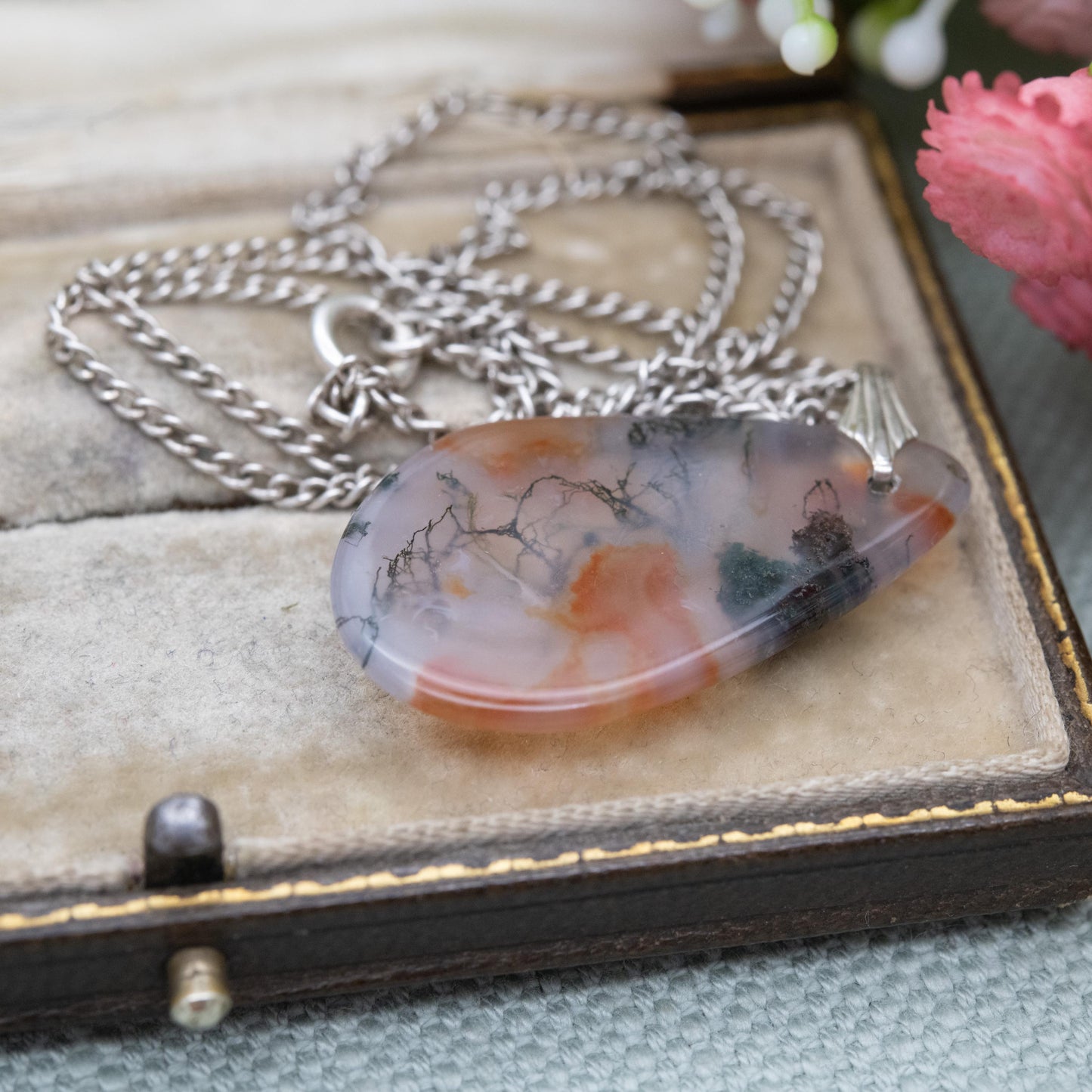 Antique Sterling Silver Moss Agate Pendant Necklace - Curb Link Chain | Gift for Her