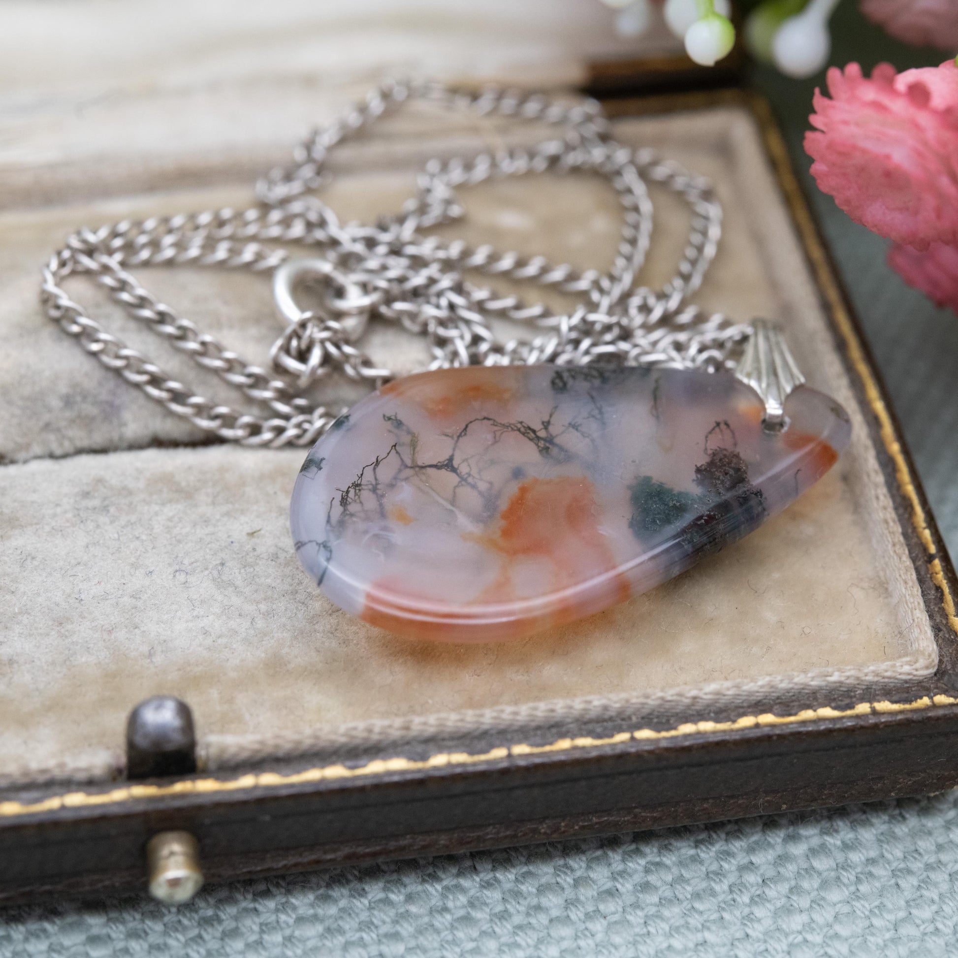 Antique Sterling Silver Moss Agate Pendant Necklace - Curb Link Chain | Gift for Her