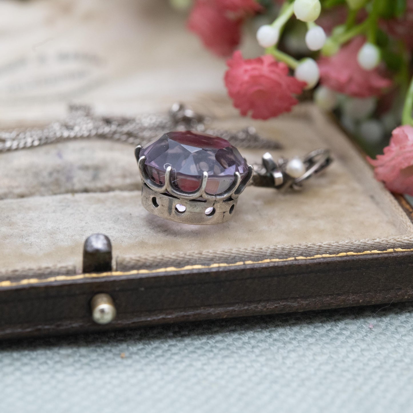 Antique Sterling Silver Amethyst Pearl Marcasite Pendant Necklace - Faceted Purple Gemstone Jewellery | Gift for Her
