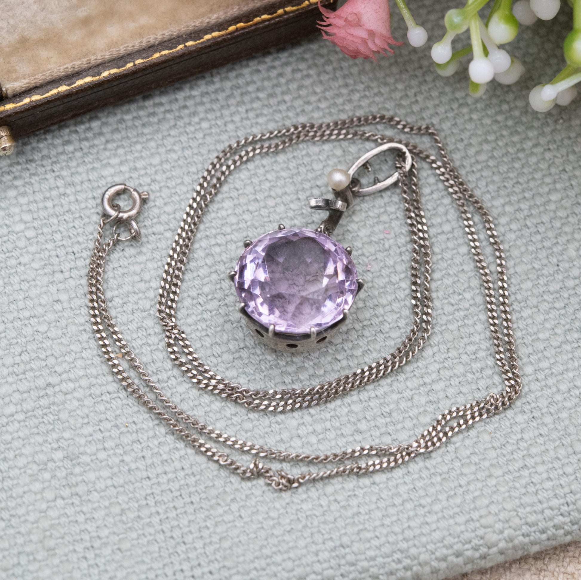 Antique Sterling Silver Amethyst Pearl Marcasite Pendant Necklace - Faceted Purple Gemstone Jewellery | Gift for Her