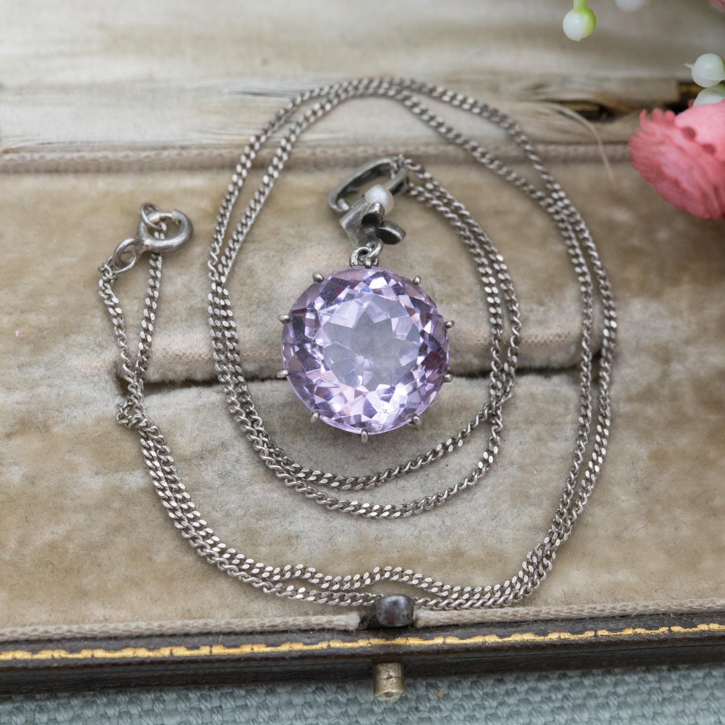 Antique Sterling Silver Amethyst Pearl Marcasite Pendant Necklace - Faceted Purple Gemstone Jewellery | Gift for Her
