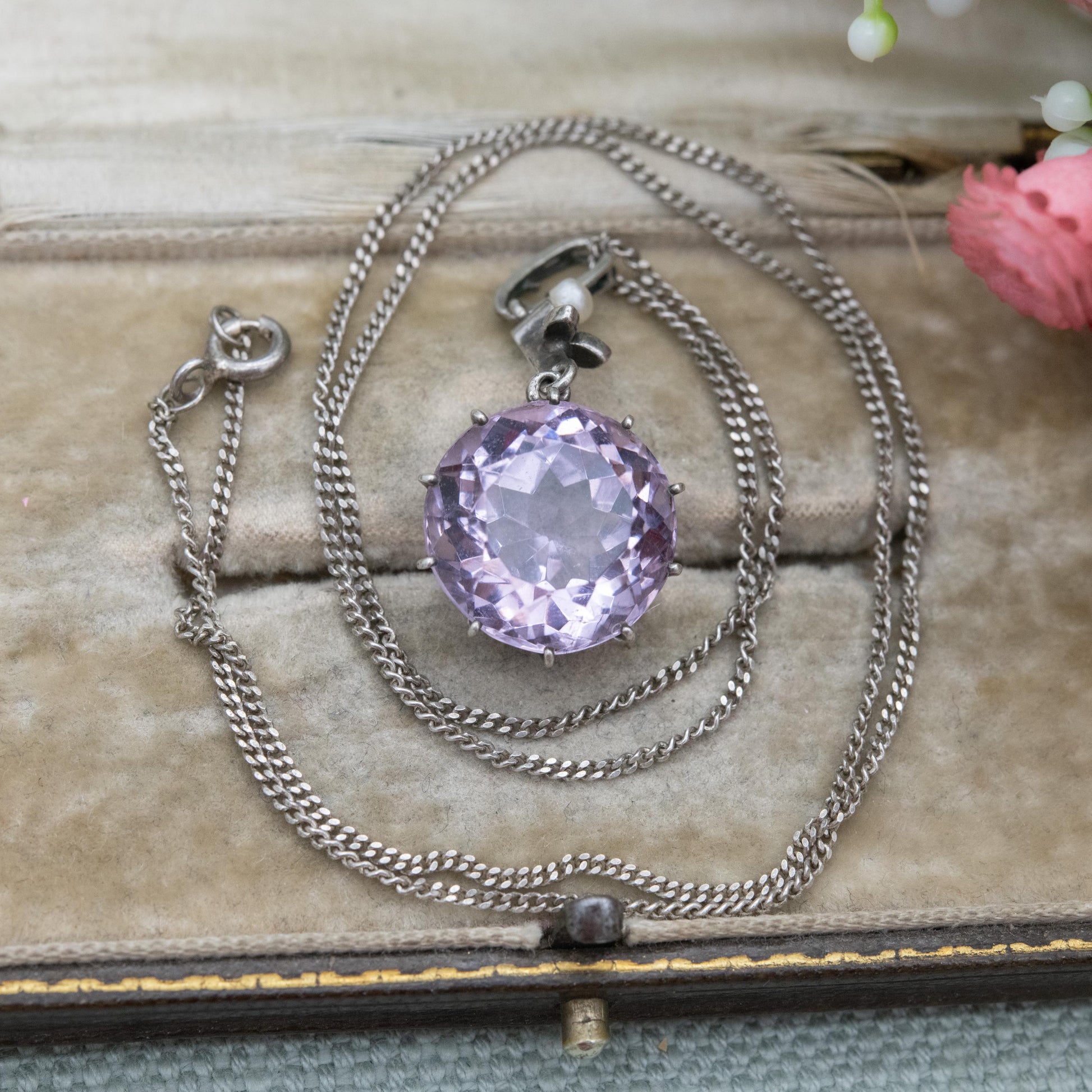 Antique Sterling Silver Amethyst Pearl Marcasite Pendant Necklace - Faceted Purple Gemstone Jewellery | Gift for Her