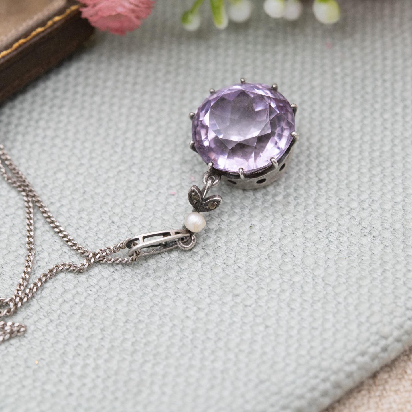 Antique Sterling Silver Amethyst Pearl Marcasite Pendant Necklace - Faceted Purple Gemstone Jewellery | Gift for Her