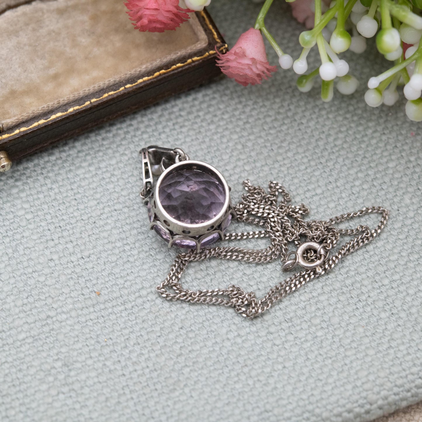Antique Sterling Silver Amethyst Pearl Marcasite Pendant Necklace - Faceted Purple Gemstone Jewellery | Gift for Her