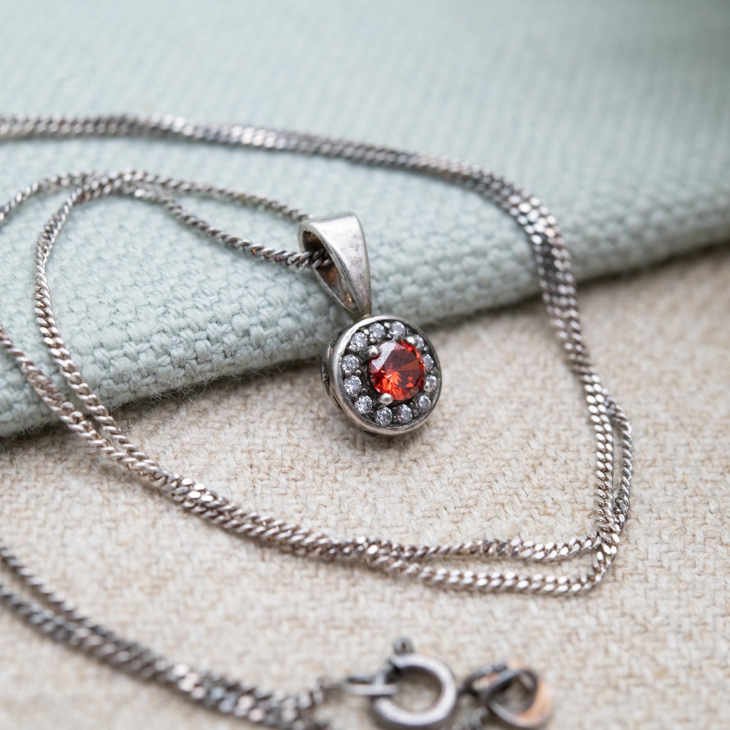Vintage Sterling Silver Orange Stone CZ Halo Pendant Necklace - Gift for Her