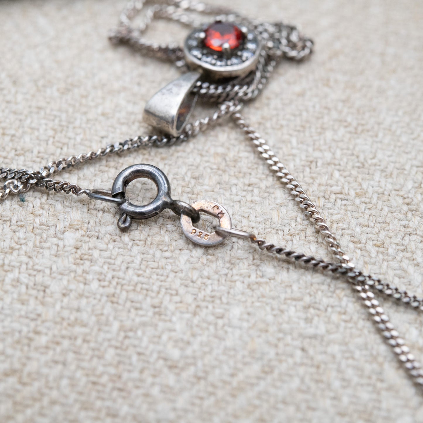 Vintage Sterling Silver Orange Stone CZ Halo Pendant Necklace - Gift for Her