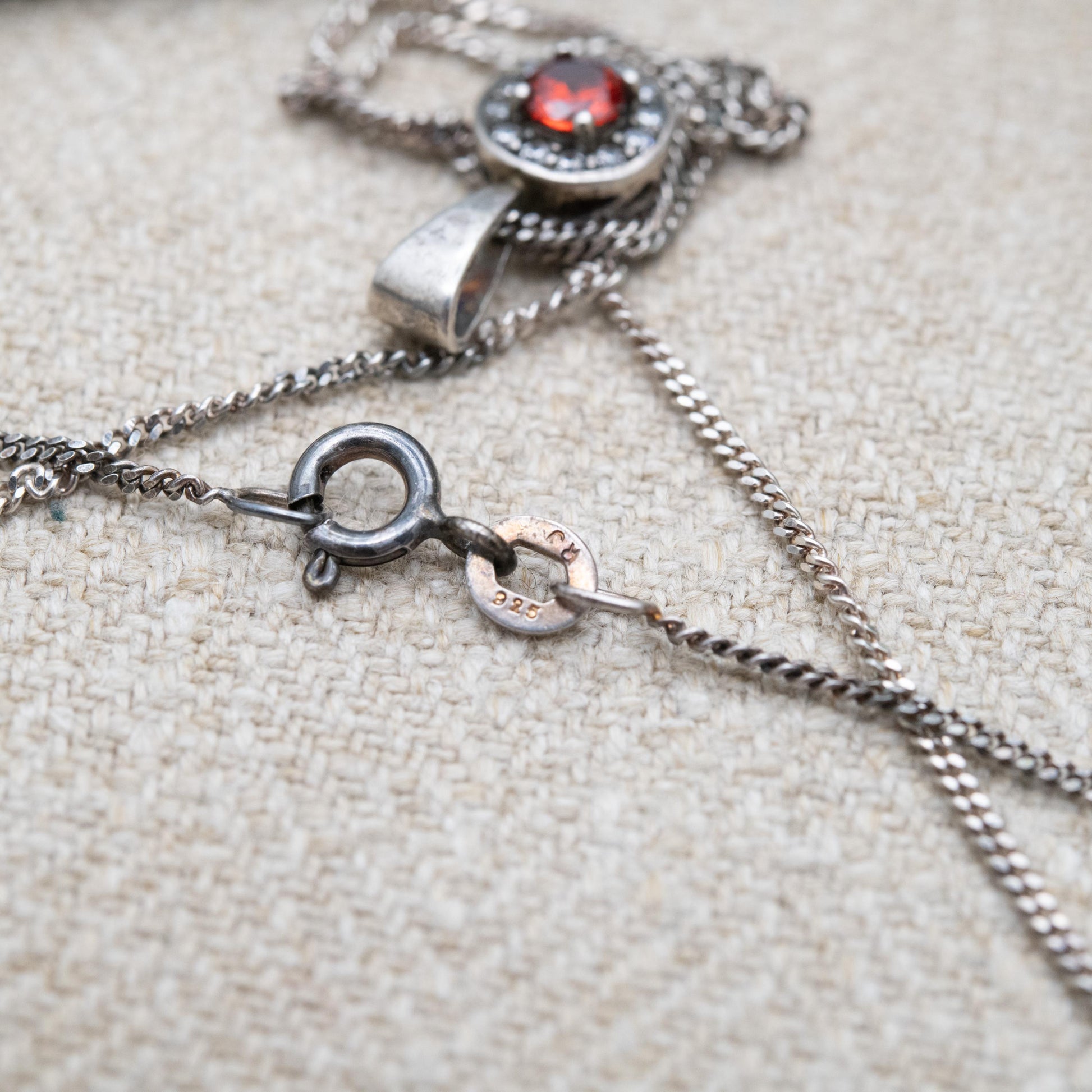 Vintage Sterling Silver Orange Stone CZ Halo Pendant Necklace - Gift for Her