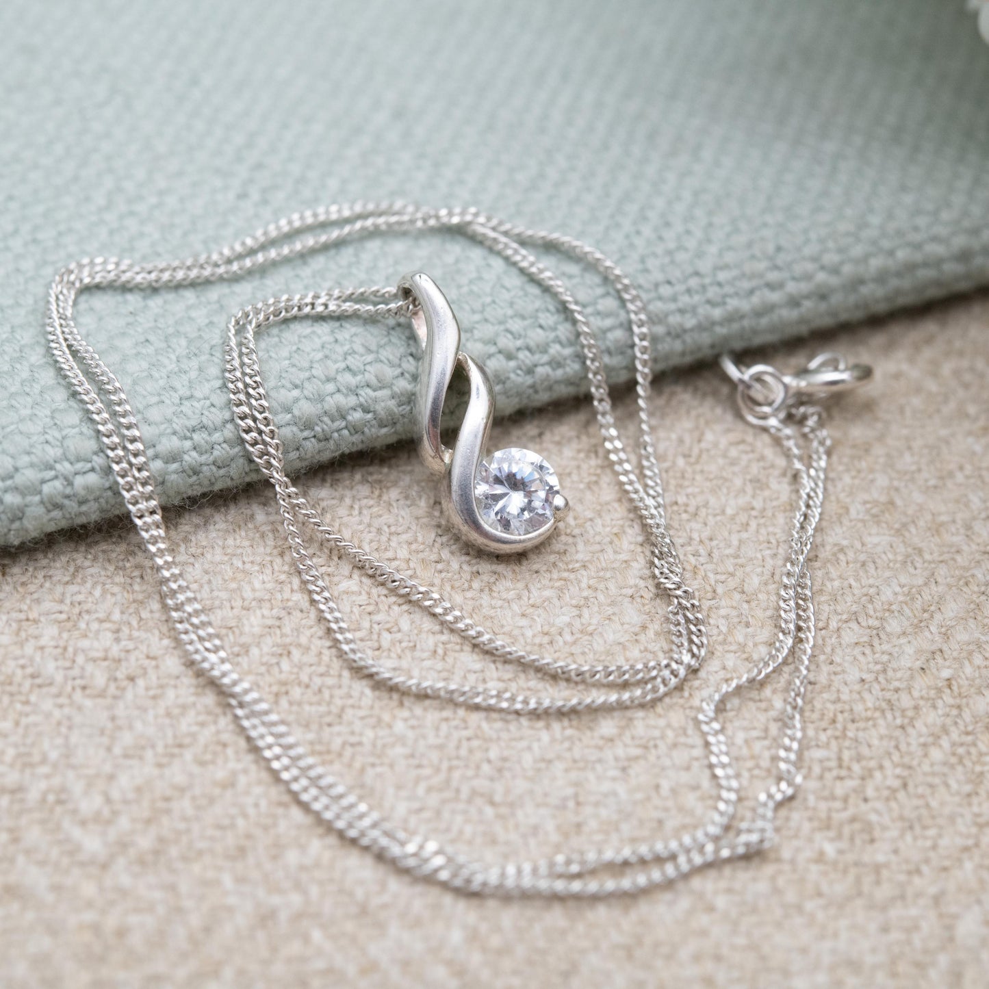 Sterling Silver CZ Twist Pendant Necklace - Curb Link Chain | Small Sparkly Stone | Gift for Her