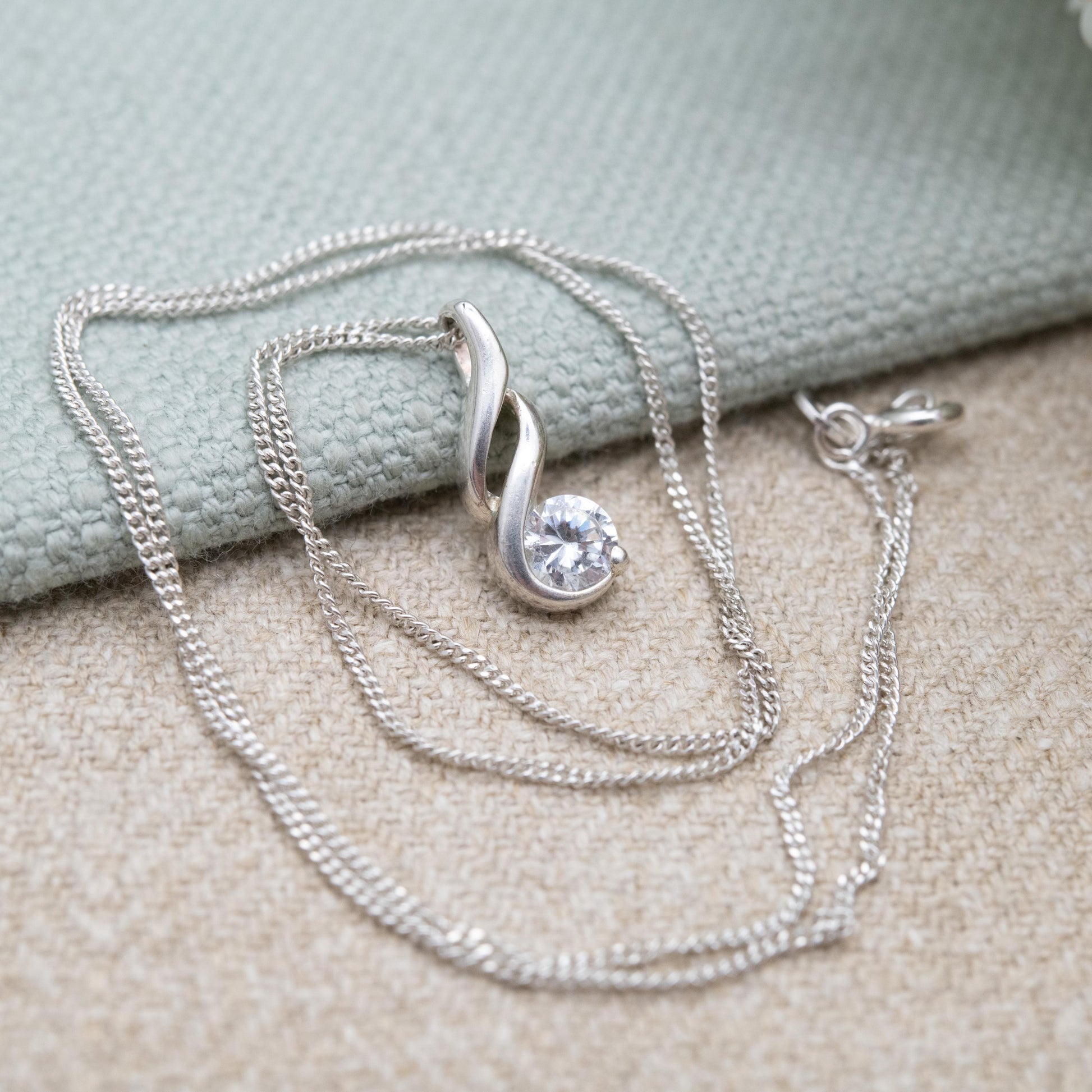 Sterling Silver CZ Twist Pendant Necklace - Curb Link Chain | Small Sparkly Stone | Gift for Her