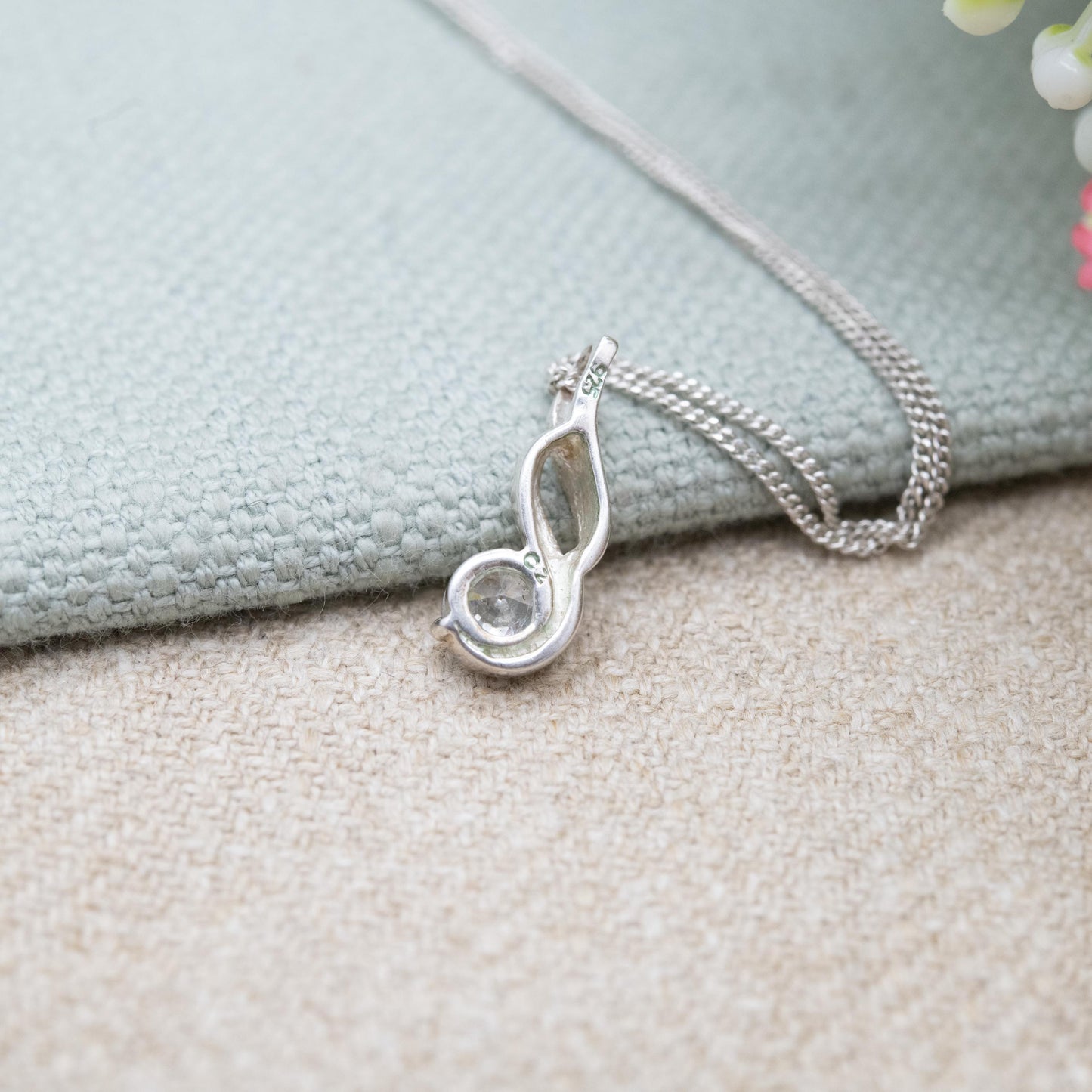 Sterling Silver CZ Twist Pendant Necklace - Curb Link Chain | Small Sparkly Stone | Gift for Her