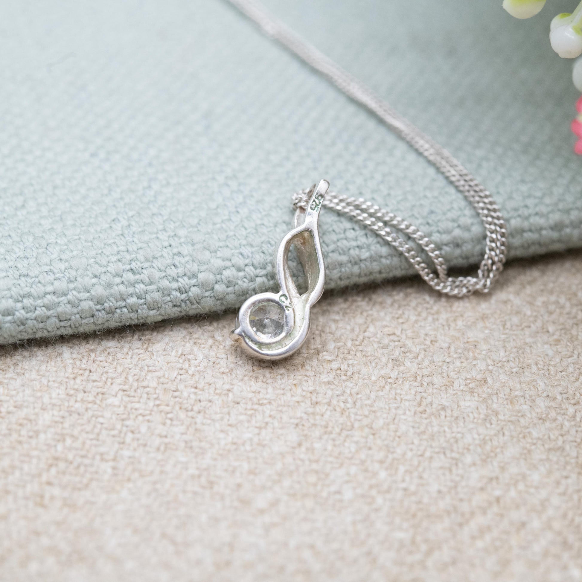 Sterling Silver CZ Twist Pendant Necklace - Curb Link Chain | Small Sparkly Stone | Gift for Her