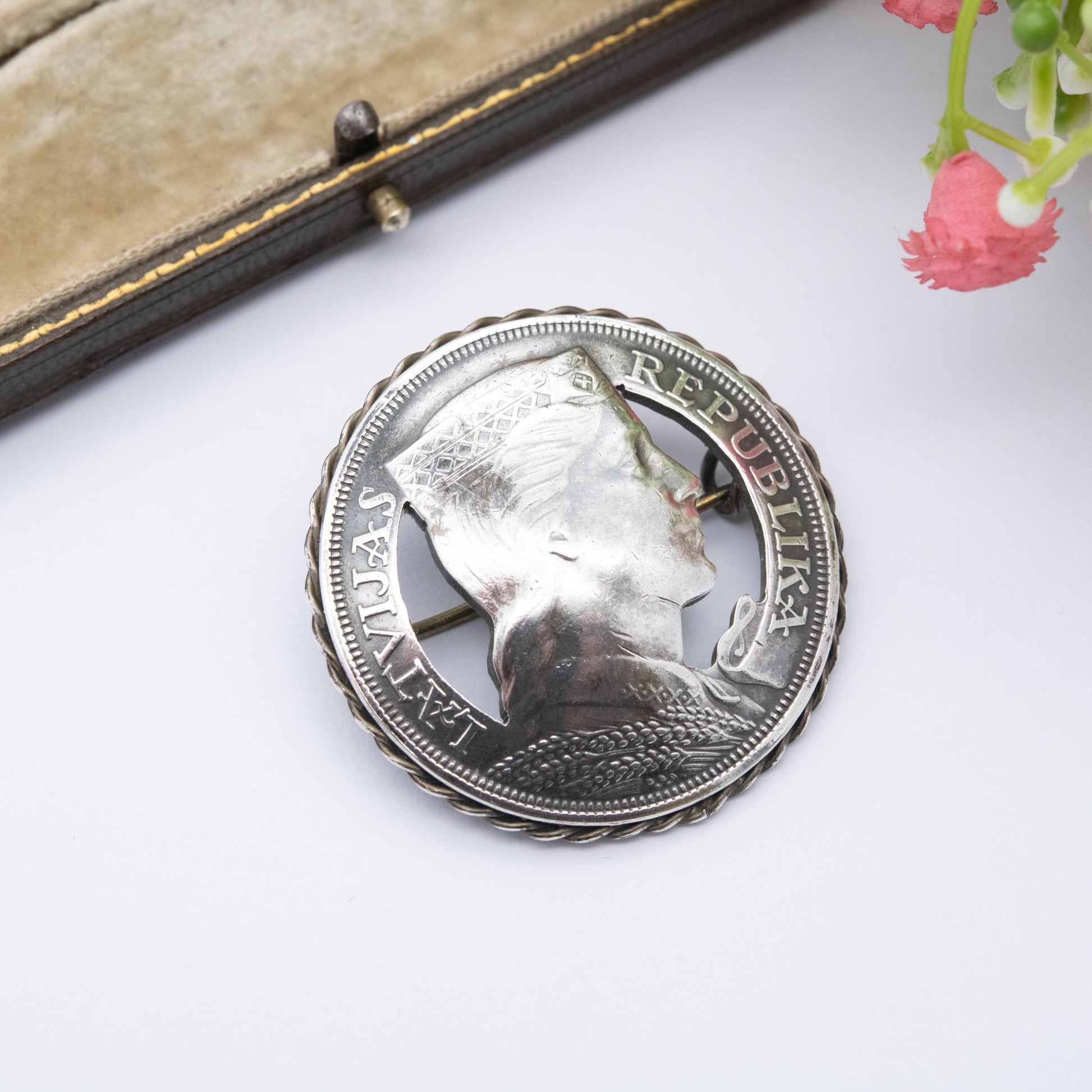 True Vintage European Silver 5 Lati Coin Brooch - Collectable Latvian Money Jewellery