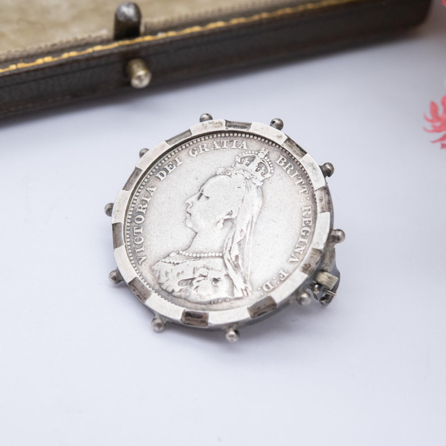 Antique Queen Victoria 1887 Shilling Coin Brooch Sterling Silver - Jubilee Head | Collectable Coin Jewellery