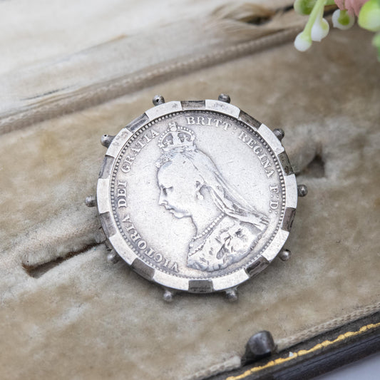 Antique Queen Victoria 1887 Shilling Coin Brooch Sterling Silver - Jubilee Head | Collectable Coin Jewellery