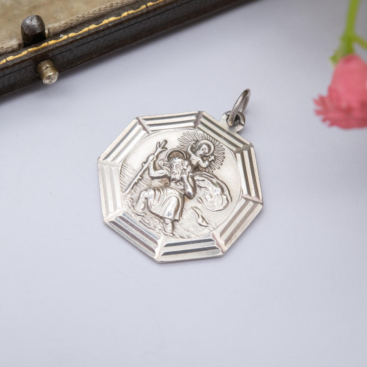 Vintage Georg Jensen Sterling Silver St. Christopher Pendant - Embossed Relief | Geometric Octagon Border | Saint of Travelling