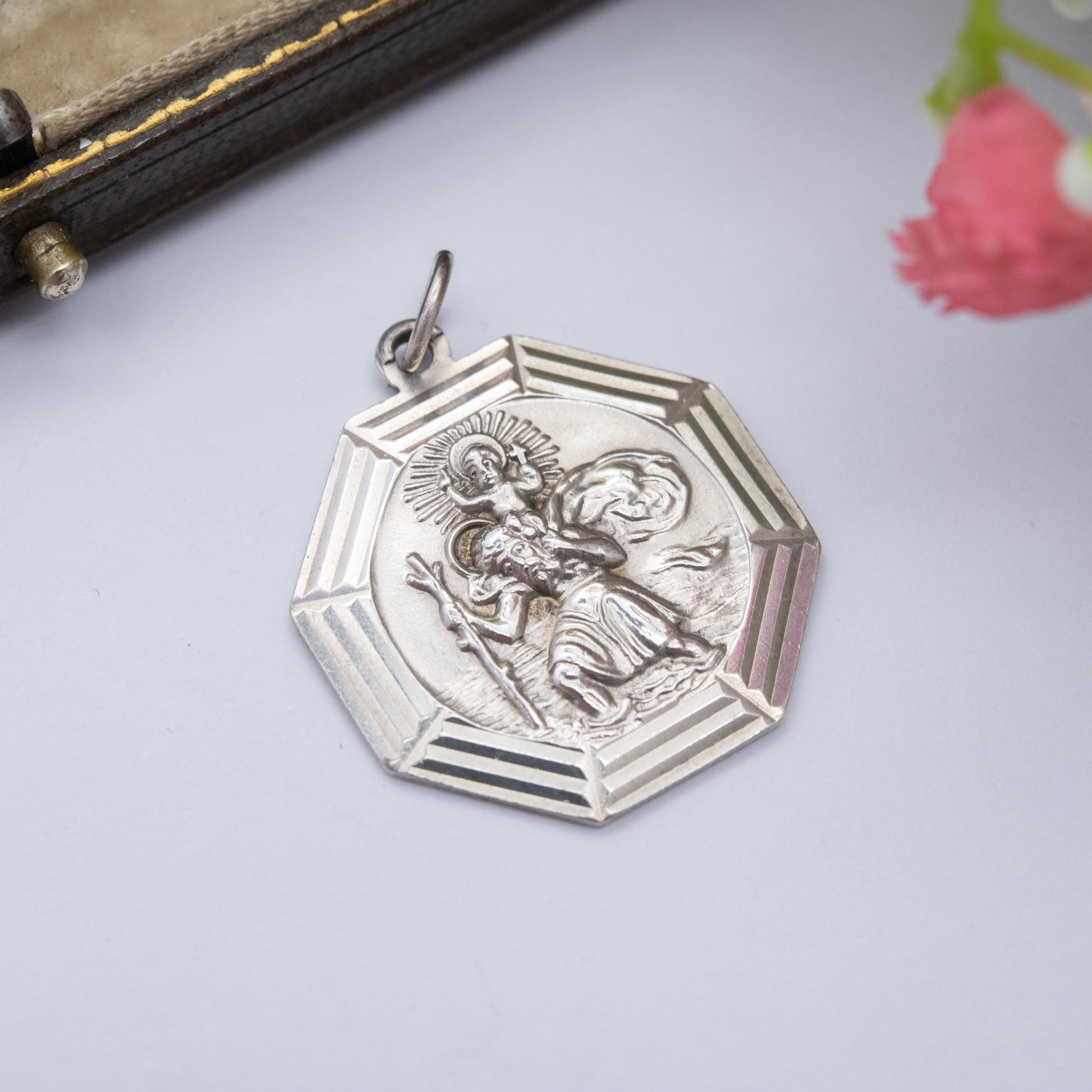 Vintage Georg Jensen Sterling Silver St. Christopher Pendant - Embossed Relief | Geometric Octagon Border | Saint of Travelling