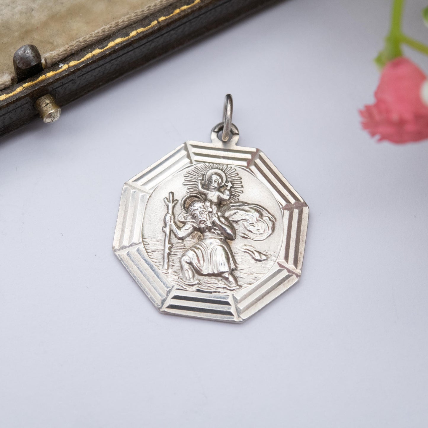 Vintage Georg Jensen Sterling Silver St. Christopher Pendant - Embossed Relief | Geometric Octagon Border | Saint of Travelling