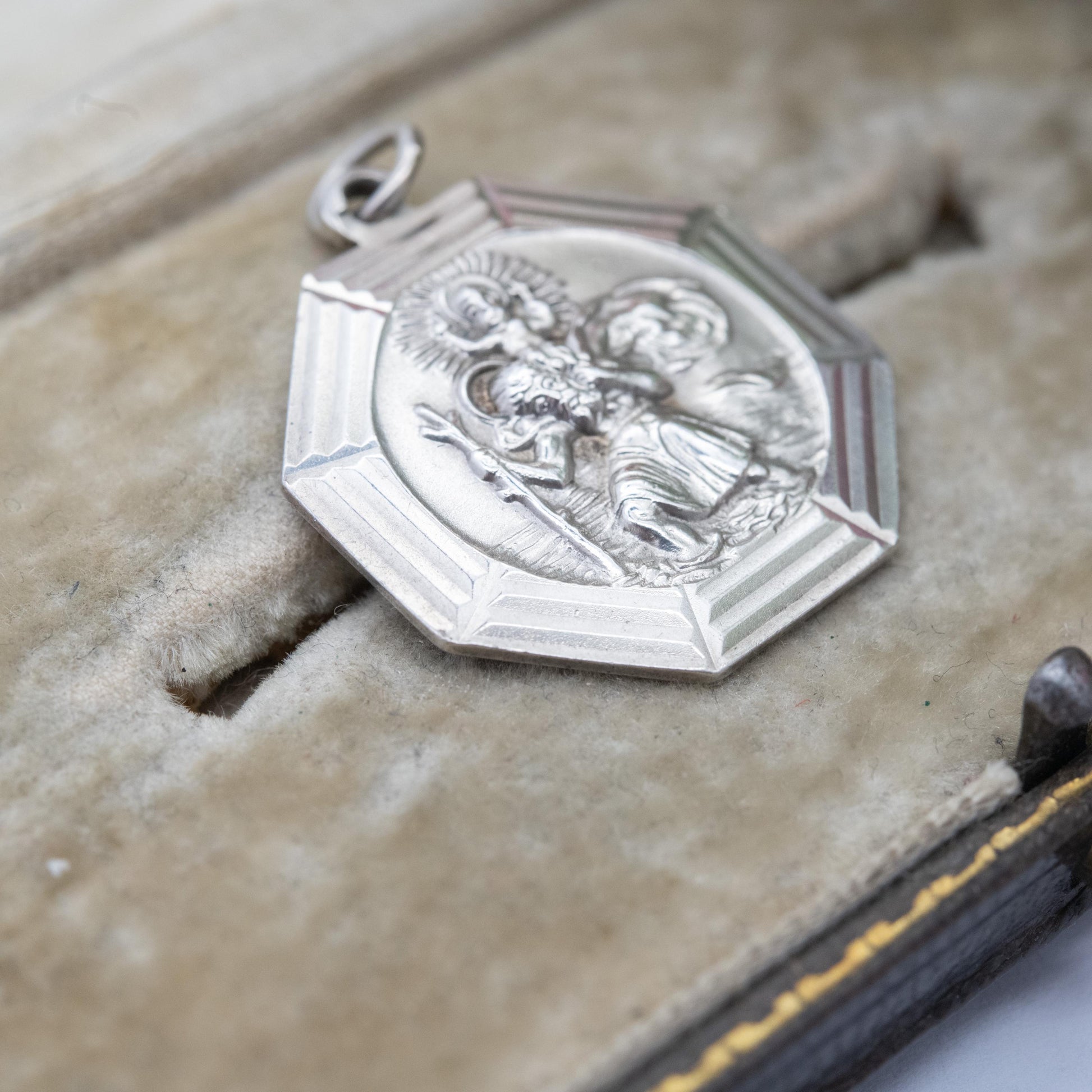 Vintage Georg Jensen Sterling Silver St. Christopher Pendant - Embossed Relief | Geometric Octagon Border | Saint of Travelling