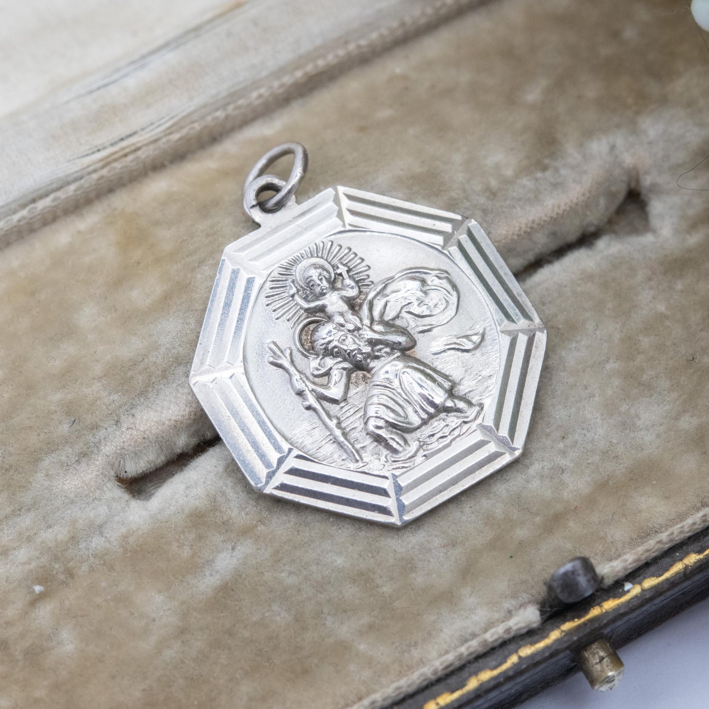 Vintage Georg Jensen Sterling Silver St. Christopher Pendant - Embossed Relief | Geometric Octagon Border | Saint of Travelling